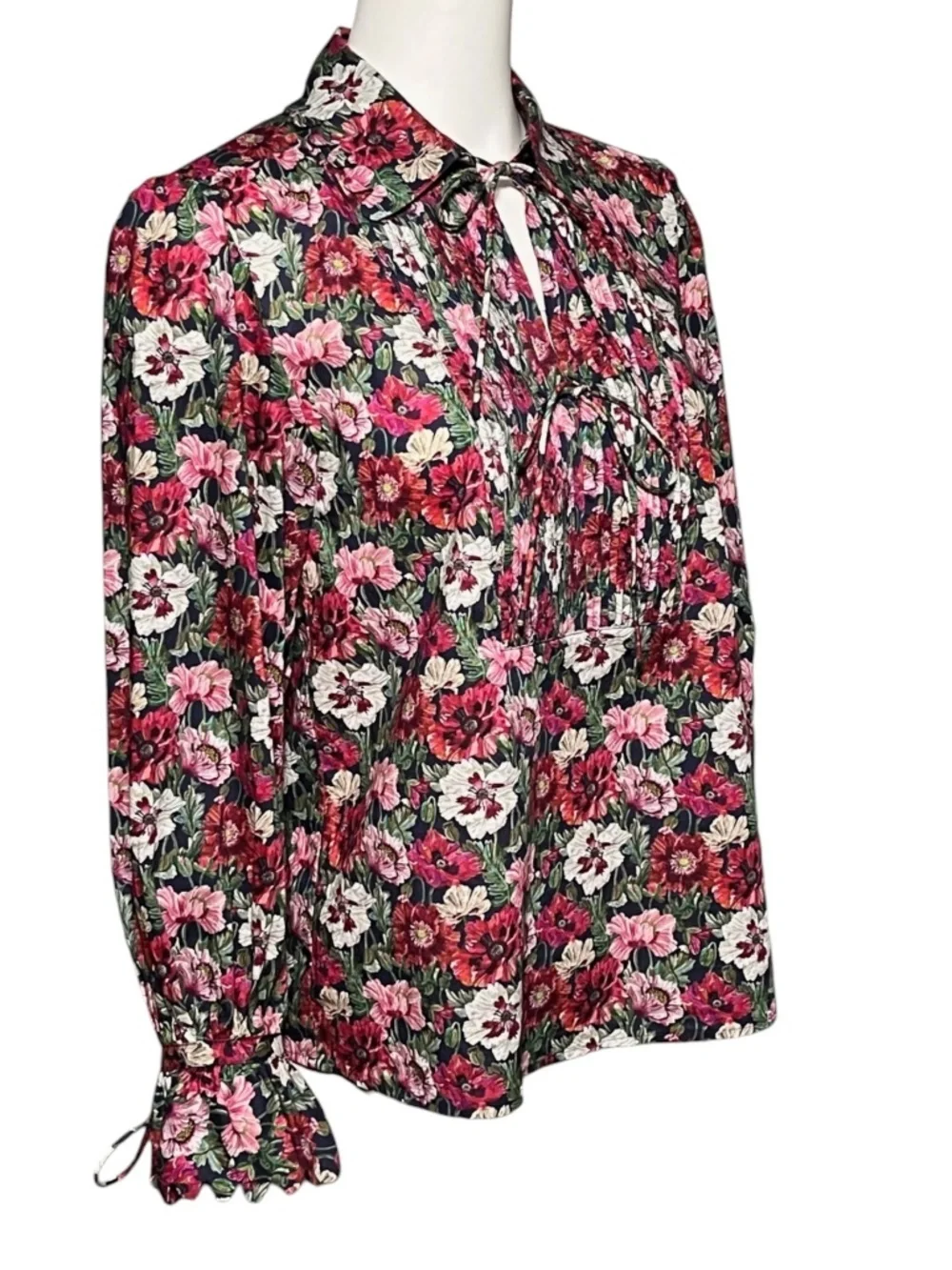 J.Crew Liberty Fabric Poppy Amelie Floral Pintuck Blouse Tie Neck Small